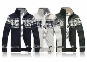 Autumn Stand Collar Long Sleeve Zip With Knitted Jacquard Cardigan Mens Sweater