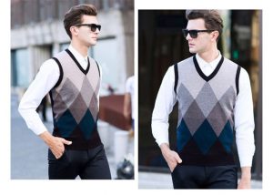 Plaid Jacquard Pattern Men Knit Sleeveless Sweater