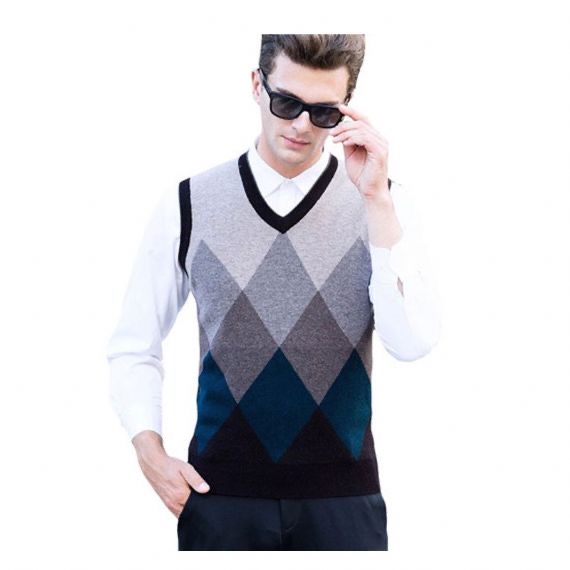 Plaid Jacquard Pattern Men Knit Sleeveless Sweater