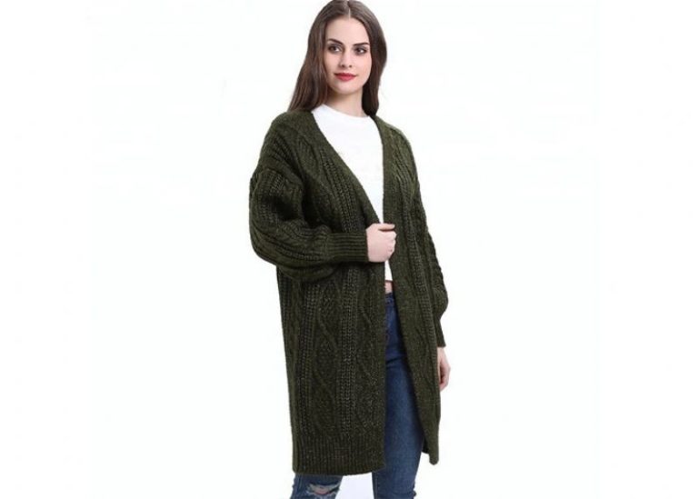Cotton Longer Cardigan Womens Knit Sweater Jacquad Pattern Customized Size