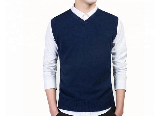 Jersey de punto de oficina con cuello en V, patrón de algodón, sin mangas, negro, para hombre, chaleco suéter