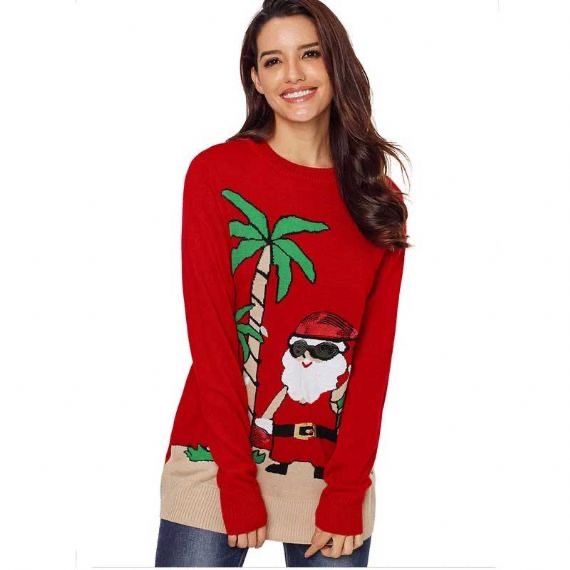 Round Neck Acrylic 10 Sizes Ladies Ugly Christmas Sweater Red Blue Jacquard