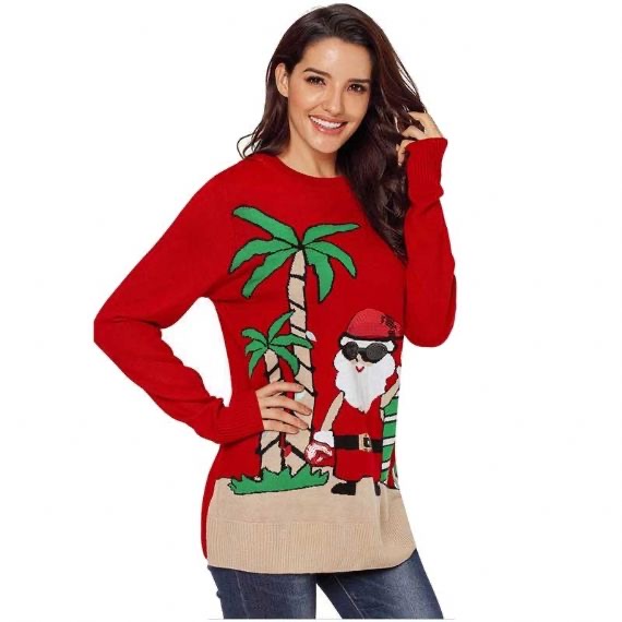 Round Neck Acrylic 10 Sizes Ladies Ugly Christmas Sweater Red Blue Jacquard