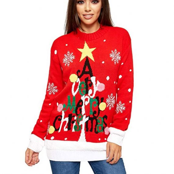 Women Acrylic Jacquard Christmas Sweater Red And Black Computer Knitted