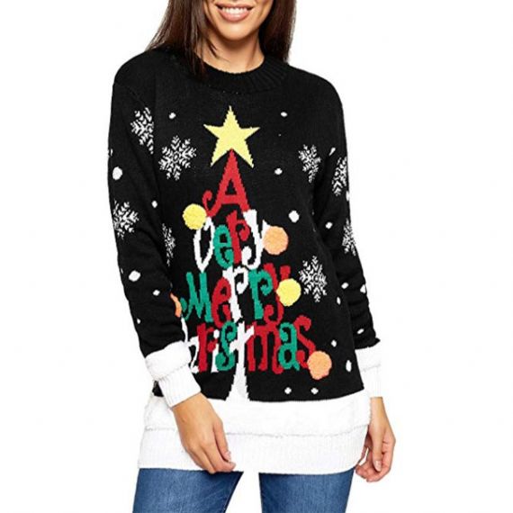 Suéter de Navidad de acrílico Jacquard para mujer, rojo y negro, tejido por computadora