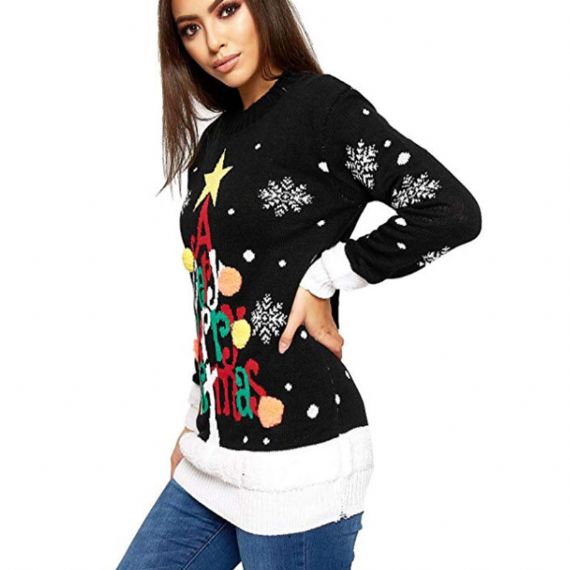 Suéter de Navidad de acrílico Jacquard para mujer, rojo y negro, tejido por computadora