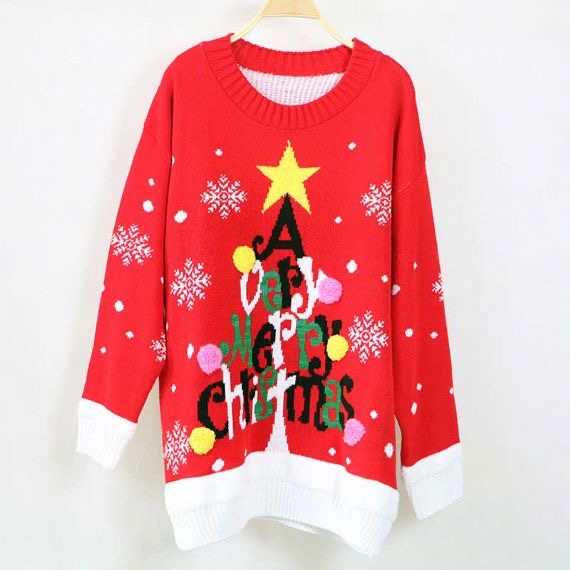 Women Acrylic Jacquard Christmas Sweater Red And Black Computer Knitted