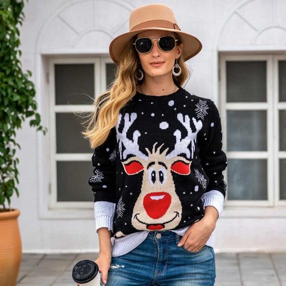 Suéter de Navidad 100% acrílico azul marino para mujer