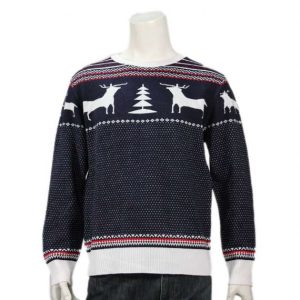 Men’s 100% Cotton Reindeer Pine Christmas Pullover Jumper In Navy And White