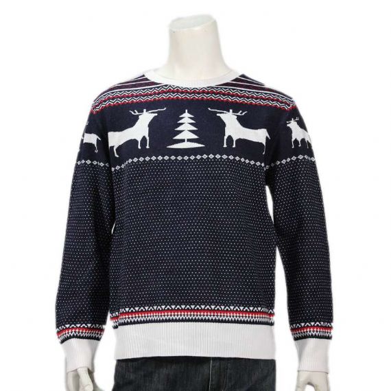 Jersey navideño de pino reno 100% algodón para hombre en azul marino y blanco