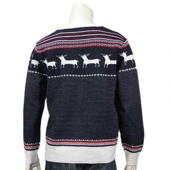 Jersey navideño de pino reno 100% algodón para hombre en azul marino y blanco