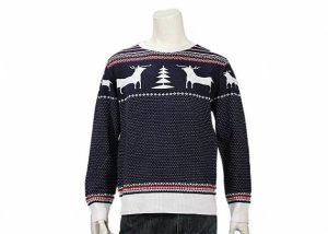 Men's 100% Cotton Reindeer Pine Christmas Pullover Jumper In Navy And White