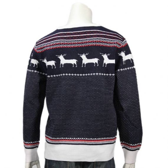 Jersey navideño de pino reno 100% algodón para hombre en azul marino y blanco