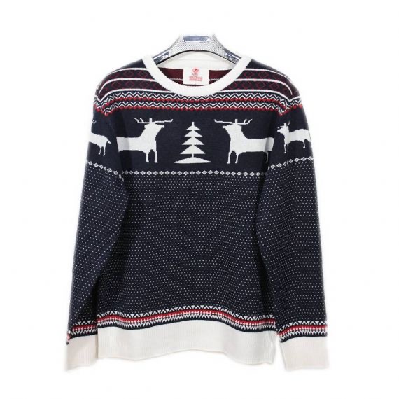 Jersey navideño de pino reno 100% algodón para hombre en azul marino y blanco