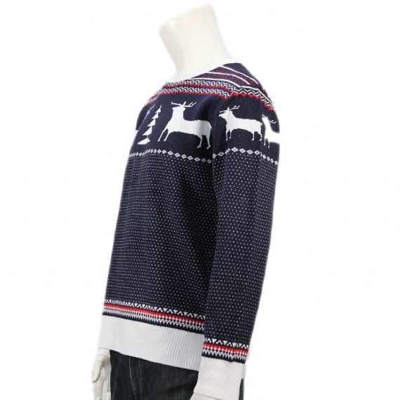 Jersey navideño de pino reno 100% algodón para hombre en azul marino y blanco