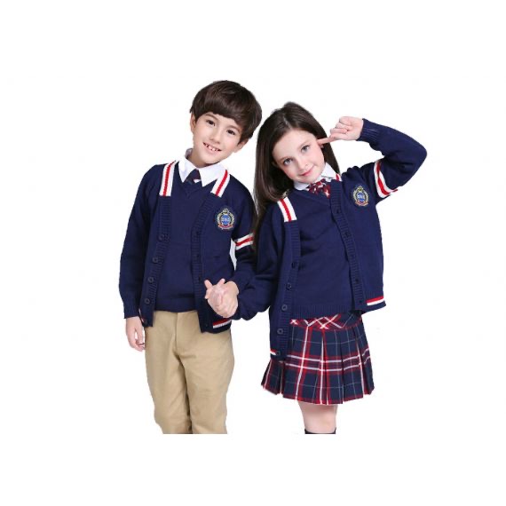 Escuela primaria de algodón de los suéteres del uniforme escolar de la raya del cuello de V del estilo británico de