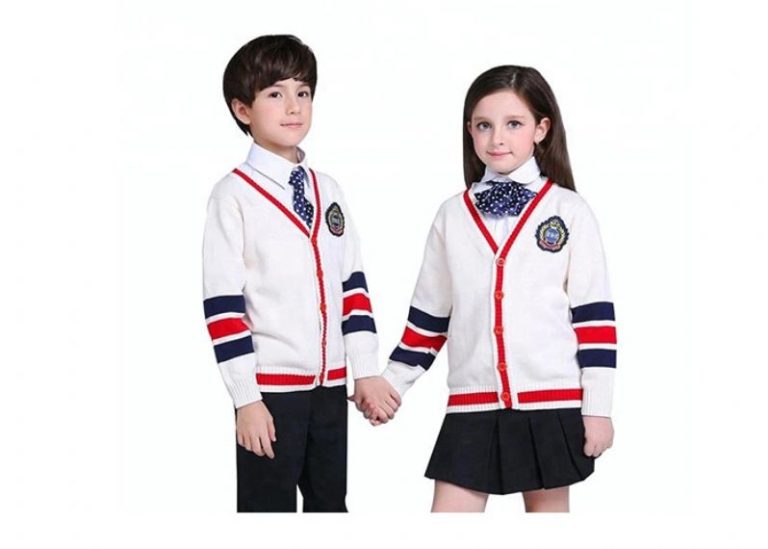 Children Knitted Girls Red School Cardigan Sweater Striped Sleeve Pattern