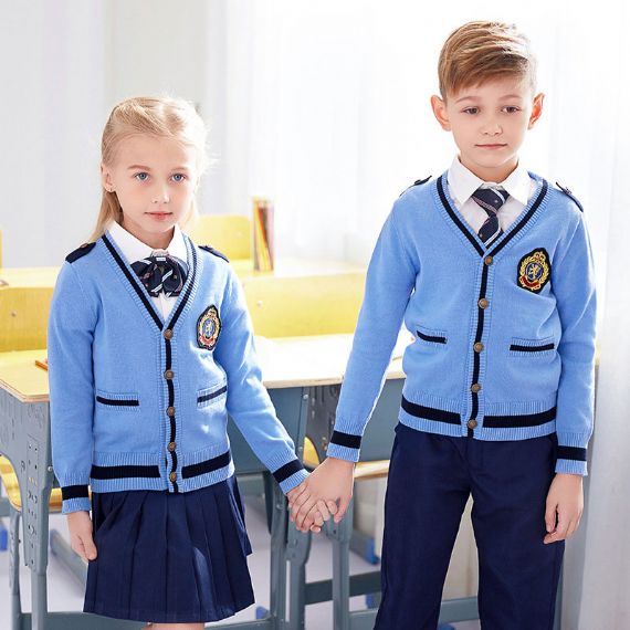 Suéteres de uniforme escolar azul marinho anti-pilling, cardigã escolar para meninos e meninas