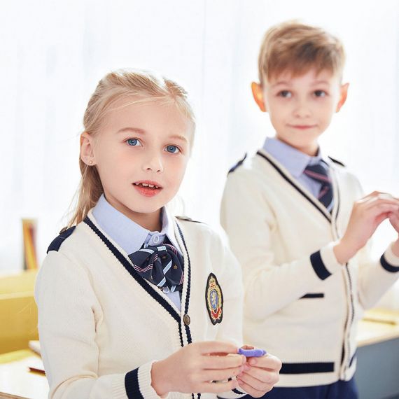 Suéteres de uniforme escolar azul marinho anti-pilling, cardigã escolar para meninos e meninas