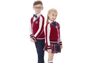 Anti – Pilling V Neck School Uniform Cardigan Sweaters Red And White Color