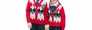 Embroidery Logo School Uniform Sweaters Red Navy Pure Cotton Argyle Pattern