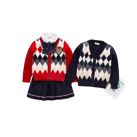 Embroidery Logo School Uniform Sweaters Red Navy Pure Cotton Argyle Pattern