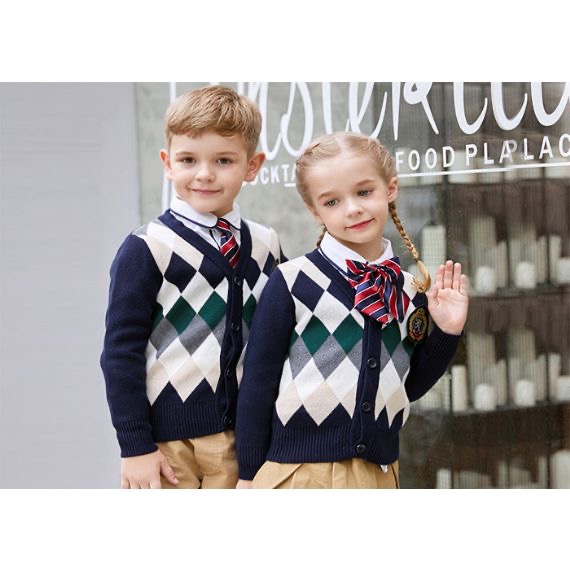 Embroidery Logo School Uniform Sweaters Red Navy Pure Cotton Argyle Pattern