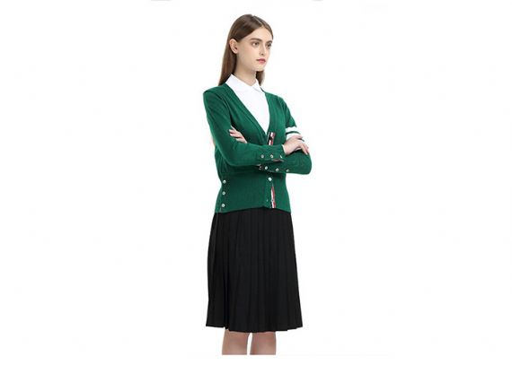 Cárdigan con cuello en V Botón de algodón Cárdigans escolares verdes para niñas de collage