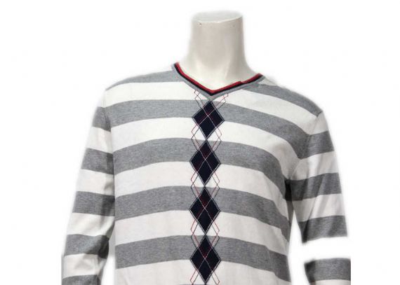 Suéter de rayas de hilo suave con cuello en V y patrones de tejido de intarsia de primavera para hombre