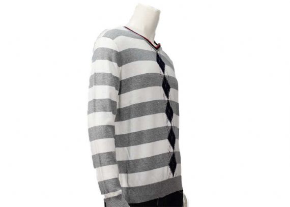 Suéter de rayas de hilo suave con cuello en V y patrones de tejido de intarsia de primavera para hombre