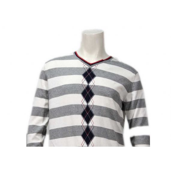 Mens Spring Intarsia Knitting Patterns V Neck Soft Yarn Striped Pullover Sweater