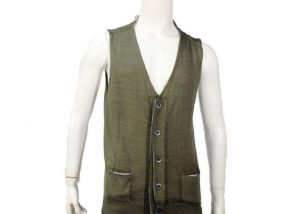 Dark Green V Neck Button Plain Knitted Mens Sleeveless Cardigan Sweater Vest