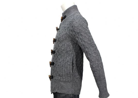 Suéter tipo cárdigan con cuello chal para hombre de cable de acrílico de algodón gris con botones de punto grueso