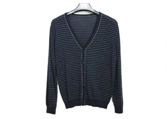 Cárdigan suéter de punto casual para hombre de manga larga color blanco y azul marino a rayas