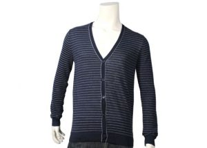 Long Sleeve Casual Mens Knit Sweater Cardigan White And Navy Color Striped