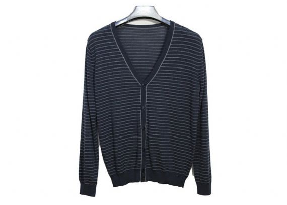 Cárdigan suéter de punto casual para hombre de manga larga color blanco y azul marino a rayas
