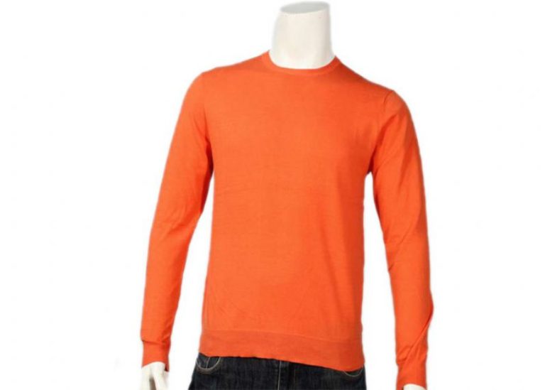 Orange Mens Pullover Sweater Plain Knitted Cotton And Spandex For Autumn