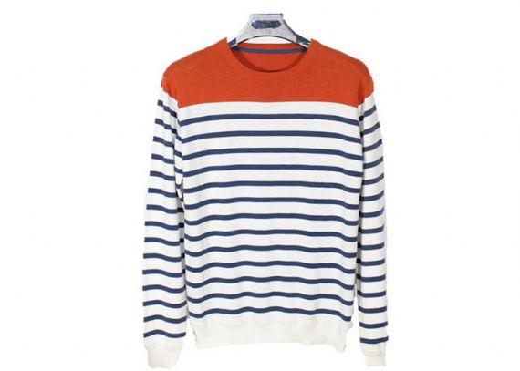 Suéter de punto liso con cuello redondo para hombre para primavera y otoño a rayas azules y blancas