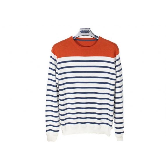 Plain Crew Neck Mens Knit Sweater For Spring And Autumn Blue And White Striped