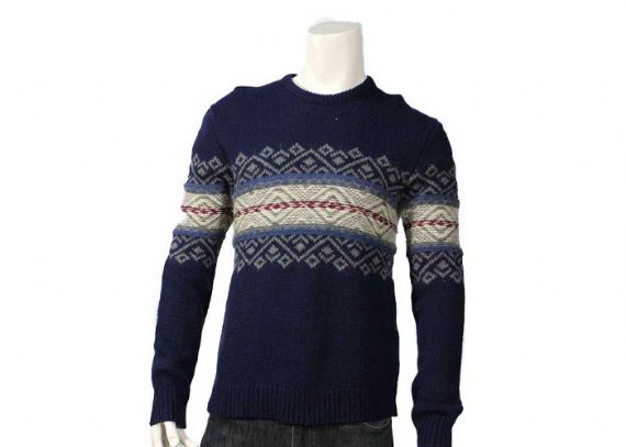 Jacquard Suéter de punto para hombre Suéter de lana azul marino con cuello en O y manga acanalada