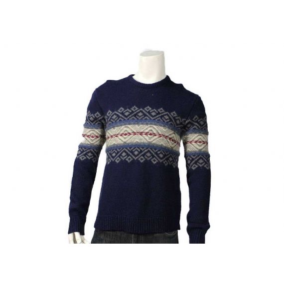 Jacquard Suéter de punto para hombre Suéter de lana azul marino con cuello en O y manga acanalada