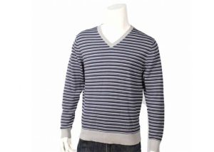 Mens Fine Knit Cotton Acrylic Jumper Or Sweater V Neck Rib Sleeve Stripe Pattern