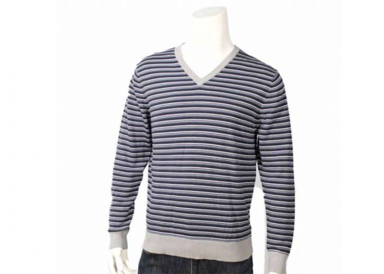 Mens Fine Knit Cotton Acrylic Jumper Or Sweater V Neck Rib Sleeve Stripe Pattern