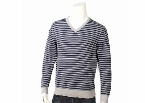 Mens Fine Knit Cotton Acrylic Jumper Or Sweater V Neck Rib Sleeve Stripe Pattern