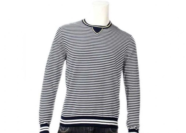 Striped Jumper Modern Mens Knit Sweater Winter Cotton Long Sleeve In Grey