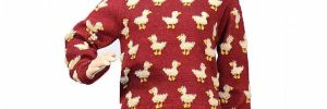 Ladies Crew Neck Red Mohair Pullover Sweater 9 Gauge Cute Duck Knitted Pattern