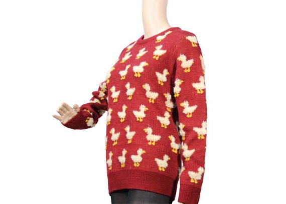 Suéter de jersey de mohair rojo con cuello redondo para mujer, patrón de punto de pato lindo de calibre 9
