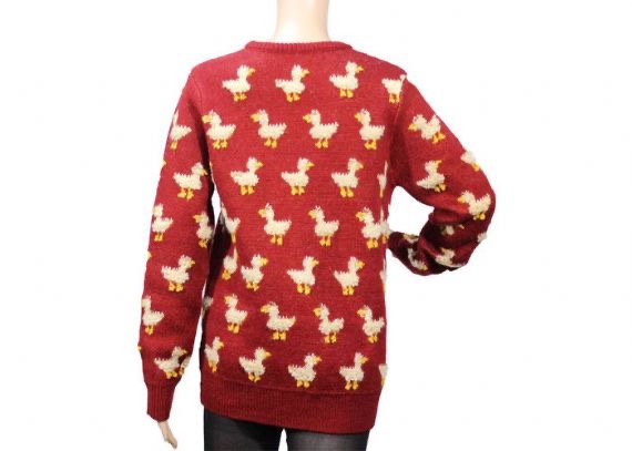 Suéter de jersey de mohair rojo con cuello redondo para mujer, patrón de punto de pato lindo de calibre 9