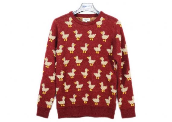 Suéter de jersey de mohair rojo con cuello redondo para mujer, patrón de punto de pato lindo de calibre 9