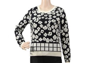 Black Ladies Round Neck Jumper Jacquard Flower Pattern Sweater For Women